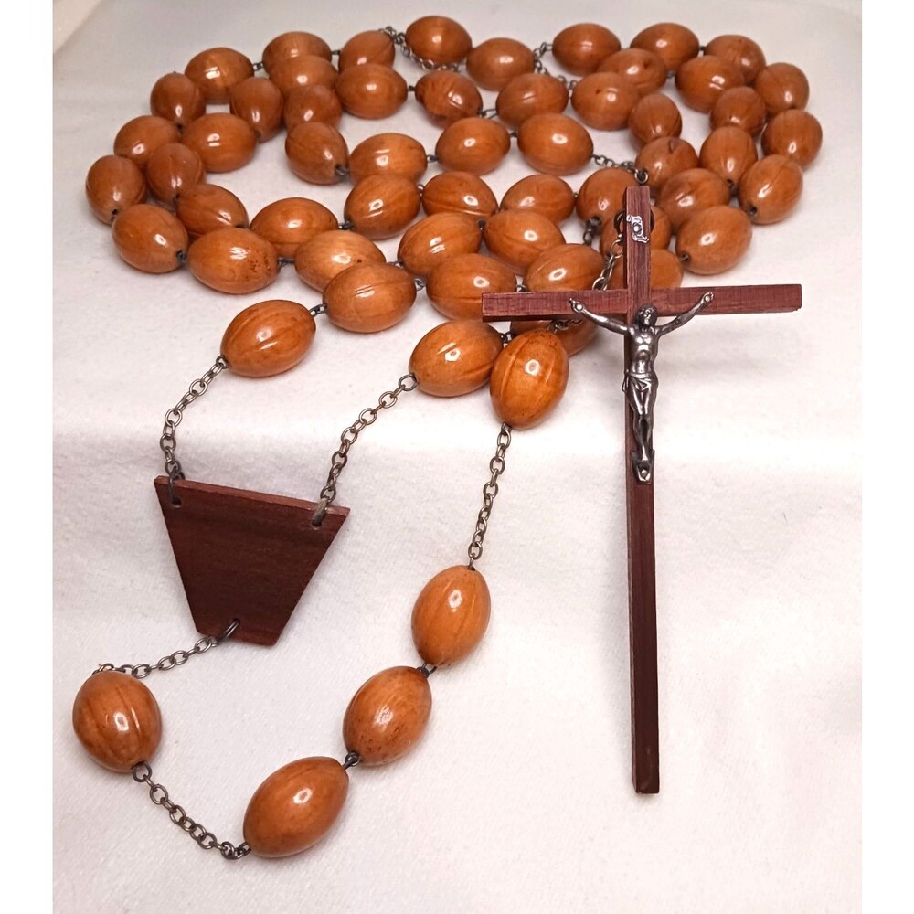 Vtg Olive Wood Religious Cross Crucifix Rosary Wall Hanging Priest Monk Beads